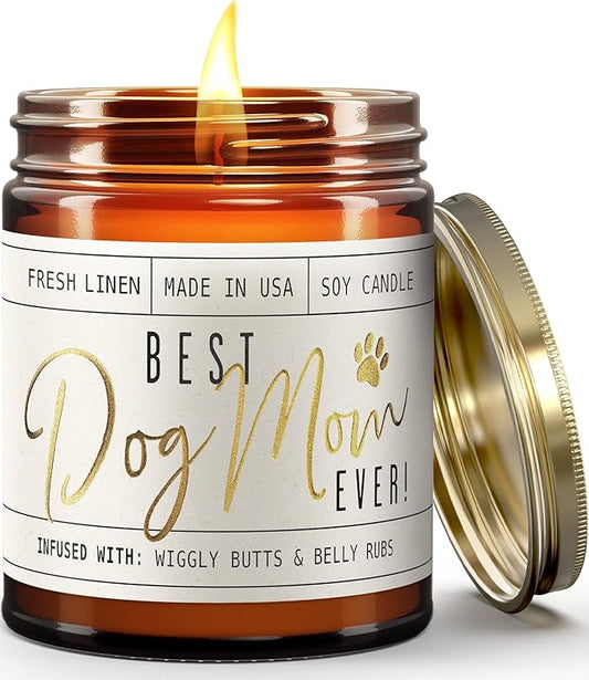 Dog Mom Gifts for Women, Dog Lovers Gifts for Women - 'Best Dog Mom Ever' Soy Candle, w/Fresh Linen I Gifts for Dog Lovers I Dog Gifts for Women I 9oz Reusable Jar, 50Hr Burn, Made in USA