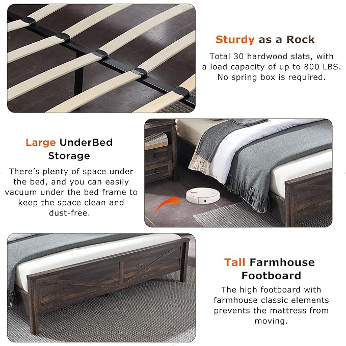 T4TREAM Farmhouse King Size Bed Frame w/Storage Bookcase Headboard, Sliding Barn Door, Charging Station, Rustic Wood Platform Bed w/Wood Slats Support, No Box Spring Needed, Dark Rustic Oak