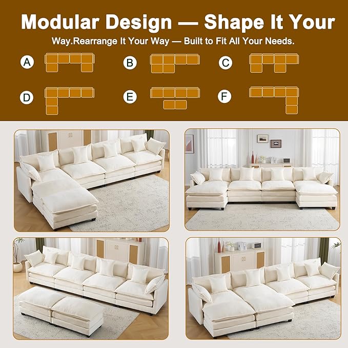 146" Cloud Chenille Sectional Couch 4+2 with Ottomans｜Large Modular Sofa for Spacious Living Rooms｜FSC Solid Wood Frame｜29.1" Deep Seat｜Easy Assembly & 1YR Guarantee