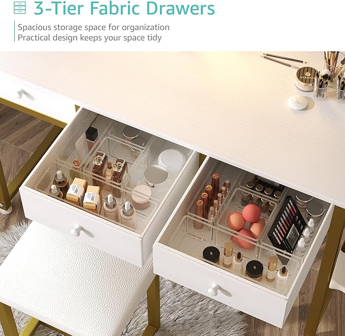 Lufeiya White Makeup Vanity Desk with Mirror and Lights, 40 inch Make Up Vanity Desks with Fabric Drawers & Charging Station, Dressing Table and Chair Set for Bedroom Girls, White Gold