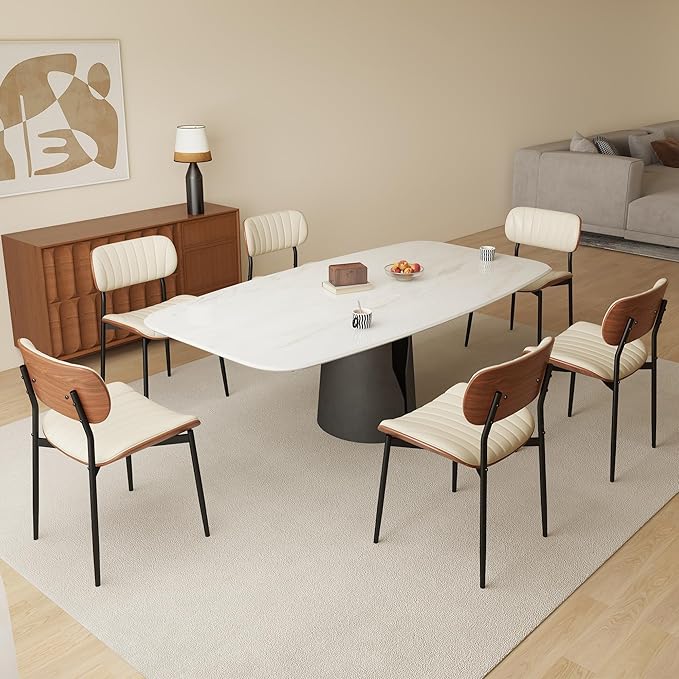 Modern PU Leather Dining Room Chairs Set of 2, Upholstered Kitchen Chairs with Curved Wood Backrest and Metal Legs Adjustable Feet for Kitchen Dining Room(Beige)