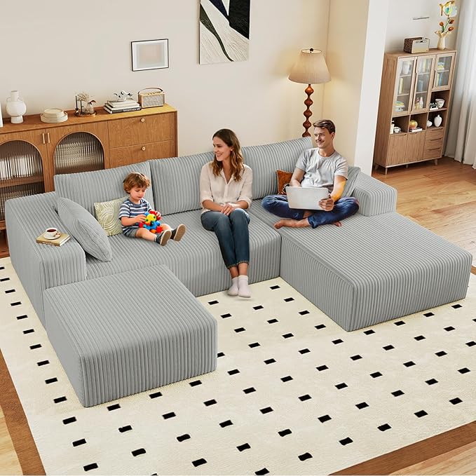 96" U-Shape Cloud Couch, Modern Modular Sectional L-Shape Sofa with Ottoman, Corduroy Upholstered Couches Deep Seat Chaise Longue for Living Room, No Assembly Required(Light Gray, Right Facing)