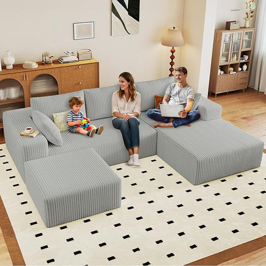 96" U-Shape Cloud Couch, Modern Modular Sectional L-Shape Sofa with Ottoman, Corduroy Upholstered Couches Deep Seat Chaise Longue for Living Room, No Assembly Required(Light Gray, Right Facing)
