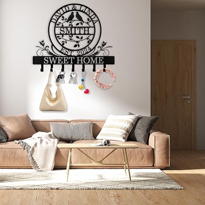 Key Holder for Wall, Personalized Couple's Name Key Rack Coat Rack, Metal Key Holder Wall Mount for Housewarming Gifts, Key Hook Wall Hanging Bedroom Hallway Decor