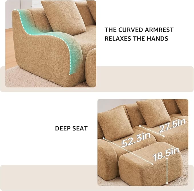 Camel Modular Cloud Couch Loveseat with 2 Ottomans, Modern Teddy Fabric Boneless Sectional Sofa in a Box for Living Room, Deep Seat Floor Couch, No Assembly Required, Sofas para Sala