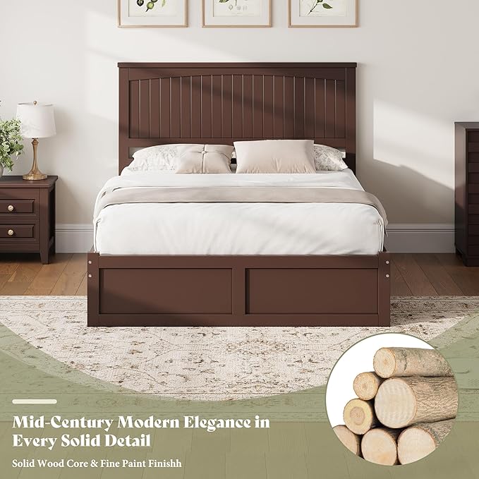 AMERLIFE Full Size Solid Wood Bed Frame with 50" Tall Headboard, Mid-Century Modern Bed with Storage, Wooden Platform Bed with 2 Drawers, No Box Spring Needed, Espresso