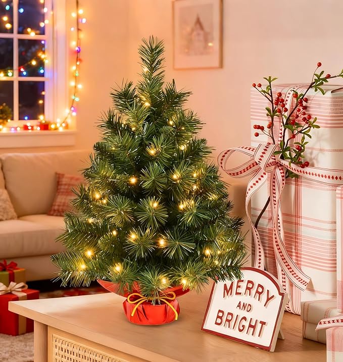 Pre-Lit 2ft Small Christmas Tree, Tabletop Christmas Trees with 50 LED Lights, Mini Artificial Xmas Tree for Table,Desk,Home,Office,Christmas Decor