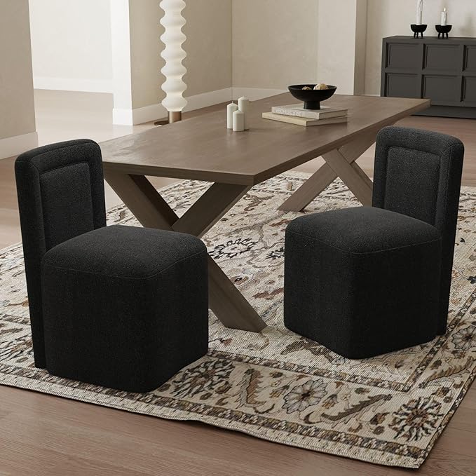 Black Upholstered Dining Chairs Set of 2, Armless Modern Sherpa Dining Chairs with High Back, Kitchen Chair for Dining Room/Restaurant/Living Room