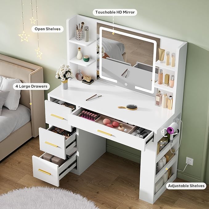 DWVO Makeup Vanity with LED Mirror, 40" Big Vanity Makeup Table with 4 Drawers and 7 Open Storage Shelves, Built-in Power Outlets & Hairdryer Holder, White