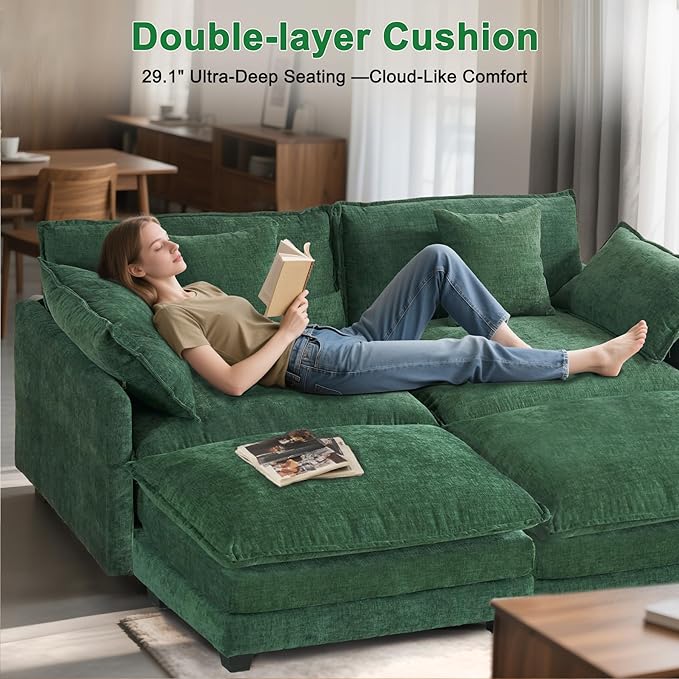 Cloud Chenille Sectional Sofa with 2 Ottoman｜Modular Couch｜FSC Solid Wood Frame｜29.1" Deep Seat｜Easy Assembly & 1YR Guarantee (Green, 77 Inch（U）)