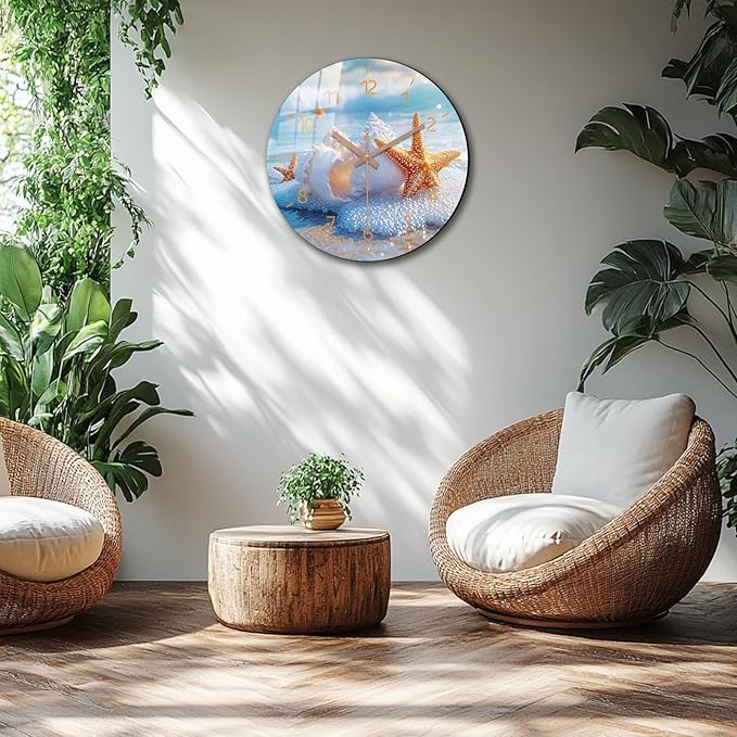 Coast Round Wall Clock 14 inch Wooden Beach Wall-Clock with Tempered Film Silent Analog Clock for Bedroom, Office, Living Room Decor