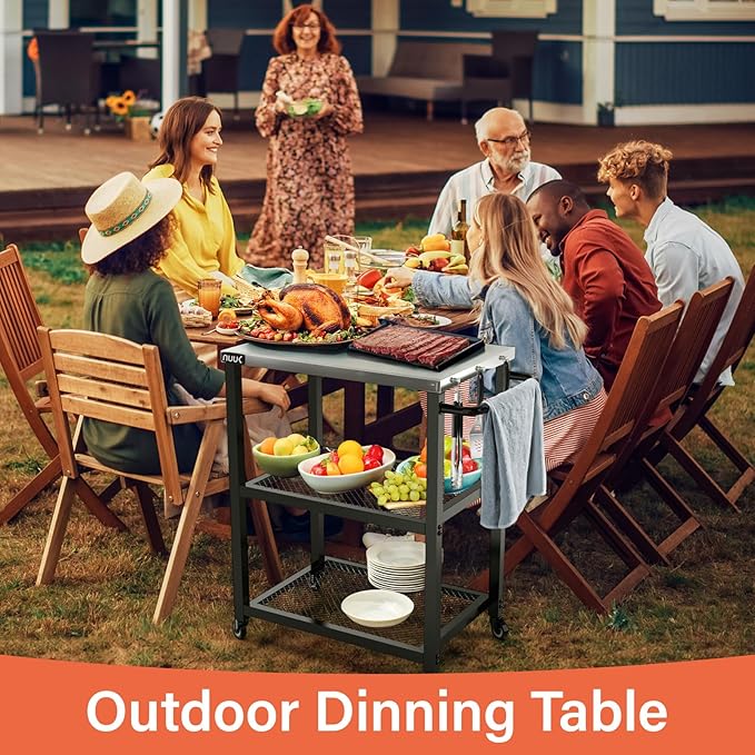 NUUK Grill Cart 16" x 24" Dining Prep Table 3-Shelf Kitchen Worktable Rolling Outdoor Pizza Oven Carts with Stainless Steel Top for Outside BBQ Tables