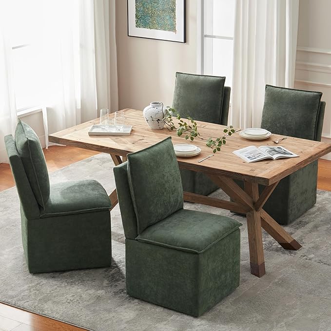 VKNOW Upholstered Dining Chairs, Modern Rolling Chairs with Storage and Wheels, Linen Armless Chair with Cushion and Backrest, Dining Room Chairs for Living Room Kitchen Bedroom, Green