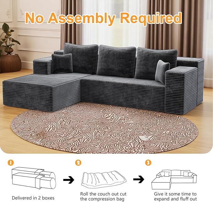 106'' Boneless Couches for Living Room, L Shaped Modular Sectional Sofa with Chaise Lounge, Faux Rabbit Fur & Layered Cushion Deep Seat Cloud Couch, No Assembly (Dark Grey, Left Facing Chaise)