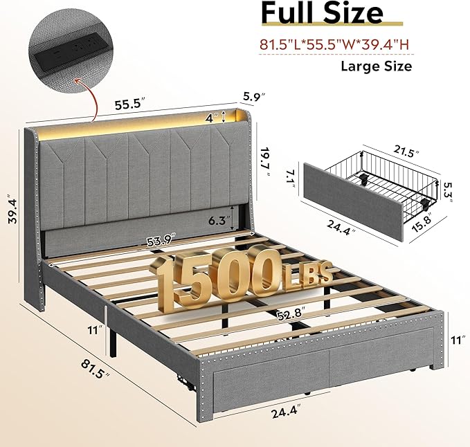 WLIVE Full Size Upholstered Bed Frame with 2 Drawers, Linen Tufted Storage Headboard with Charging Ports and LED Light,Sturdy Metal & Wooden Slats Support, No Box Spring Needed, Light Grey