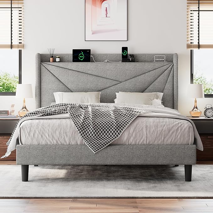 Queen Size Upholstered Bed Frame with Charging Station, Platform Bed Frame with Storage Headboard, Solid Wood Slats Support, No Box Spring Needed, Light Gray