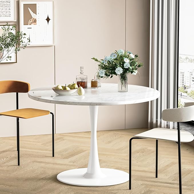 DKLGG White Marble Round Dining Table, 31.5" Tulip Kitchen Dining Table 2-4 People with MDF Top & Pedestal Base, Mid-Century End Table Leisure Coffee Office Living Room Table
