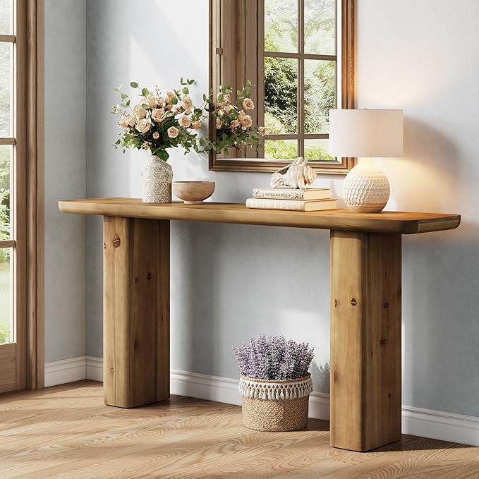 63-Inch Solid Wood Console Table, Wooden Sofa Table Behind Couch, Farmhouse Entryway Table, for Living Room, Foyer, Hallway, Entrance, Easy Assembly, Rustic Brown