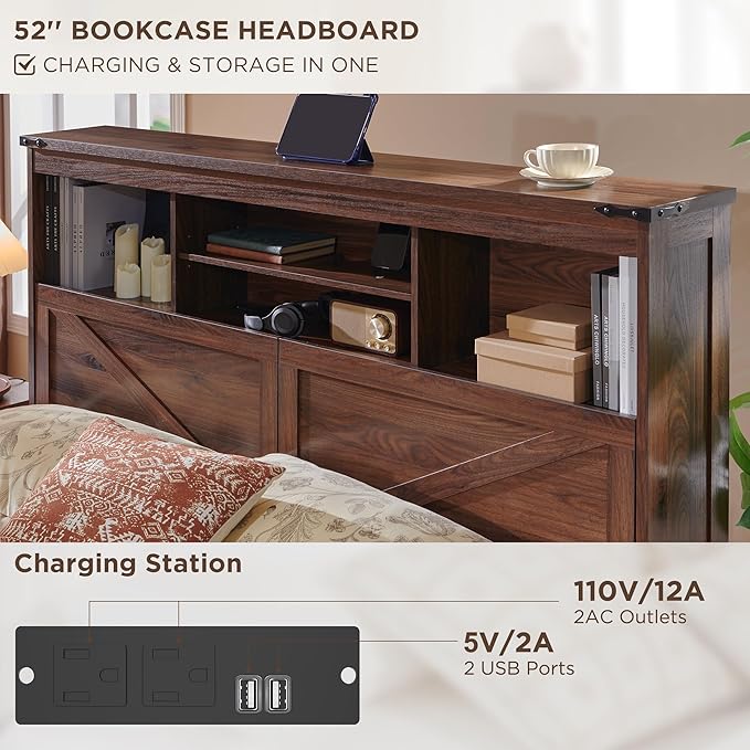 ACCOHOHO King Bed Frame with 52" Tall Headboard and 4 Drawers,LED Light,Charging Station,Solid Wood Slats Support,No Box Spring Needed,Brown