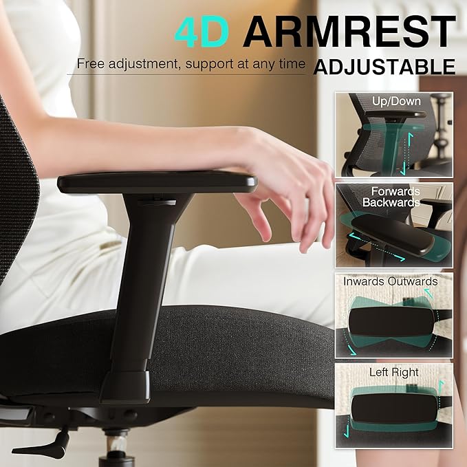 ELABEST T96C Ergonomic Home Office Chair, Mesh Computer Desk Chair with 4D Armrests, Adjustable Lumbar Support,Rolling Swivel Task Chair for Long Hours, Sponge Cushion