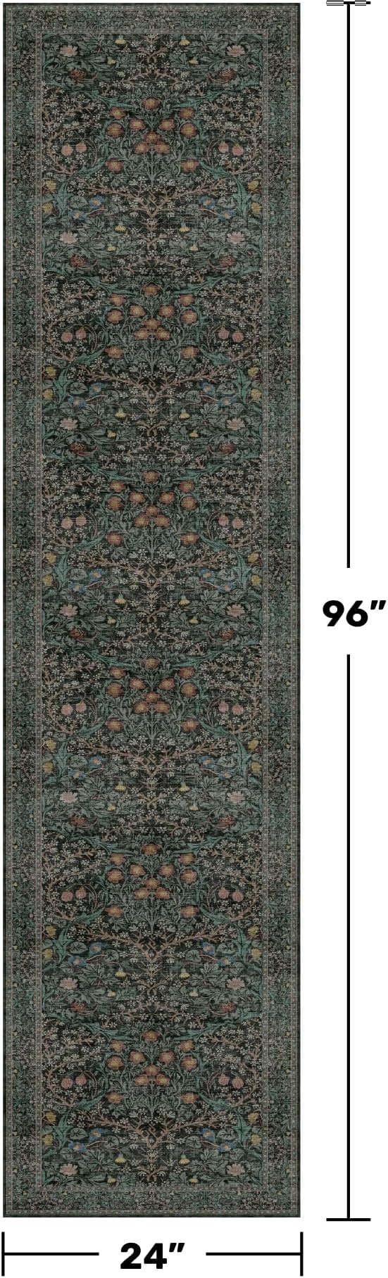 Dark Green 2 x 8 Runners for Hallways, 8ft Long Floor Runner for Kitchen, Entryway Indoor, Washable Non Skid Rubber Backing Stain Resistant - Vintage Floral Décor
