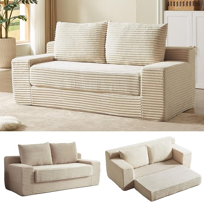 70.87" Loveseat Sofa Bed - Corduroy Upholstered, Comfy Deep Seat & Modern Design - Small Space Friendly, No Assembly Needed - Ideal for Living Room, Bedroom, Apartment, Home Office, Beige