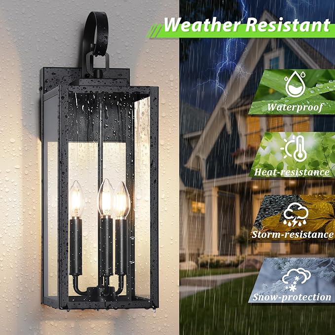 BesLowe 23" Outdoor Wall Light Fixture, 3-Light Extra Large Exterior Lighting Fixture Wall Mount, Waterproof Porch Light Outdoor Wall Sconce Lantern, Outside Light for House Front Door Garage, Black