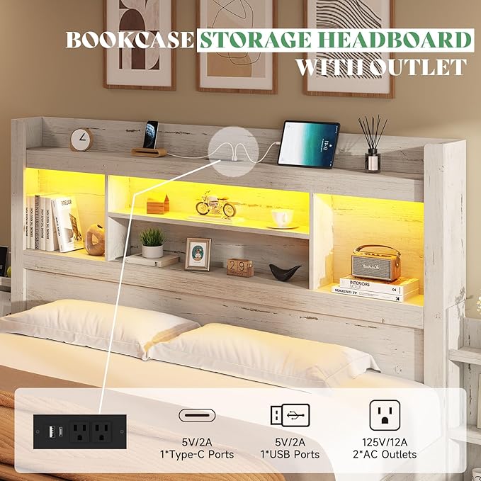 AMERLIFE Queen Bed Frame with 4 Storage Drawer, LED Bed Frame with 49.6" Tall Bookcase Headboard, Wood Platform Bed with Charging Station & 2 Slide Bedside Shelf, No Box Spring Needed/Distressed White