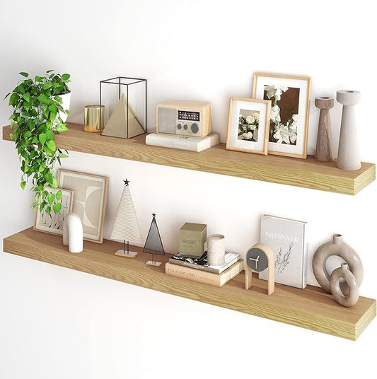 Fun Memories Floating Shelves for Wall, 55Inch Floating Shelves Set of 2, Hanging Shelf with Invisible Brackets, Wood Shelves for Living Room, Bedroom, Kitchen, Oak