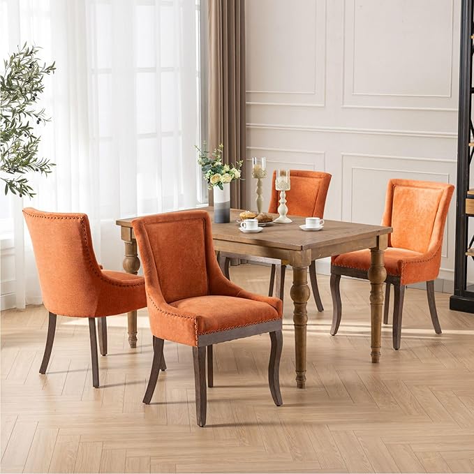 Farmhouse Dining Chairs Set of 4, Upholstered Fabric Dining Room Accent Chairs with Wood Legs & Bronze Nailhead, High Wingback Kitchen Chairs for Living Room Hotel Apartment, Orange