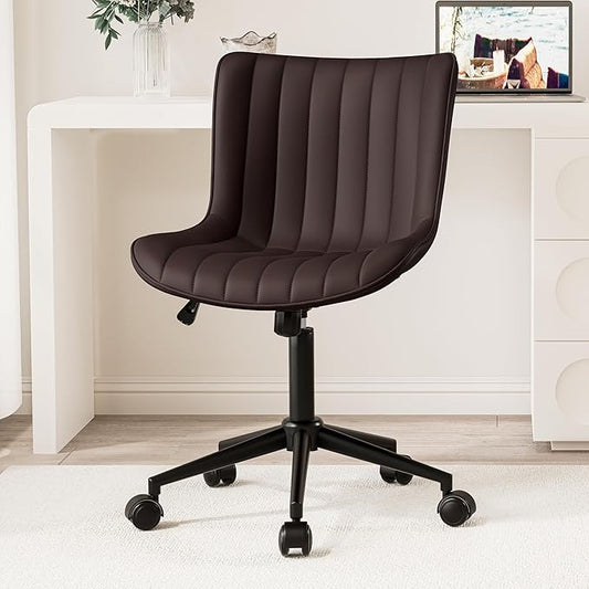 Kidol & Shellder Brown Leather Home Office Desk Chair with Wheels Modern Cute Armless Executive Swivel Vanity Chair with Comfy Padded Back Ergonomic Rolling Adjustable Computer Task Chair Small