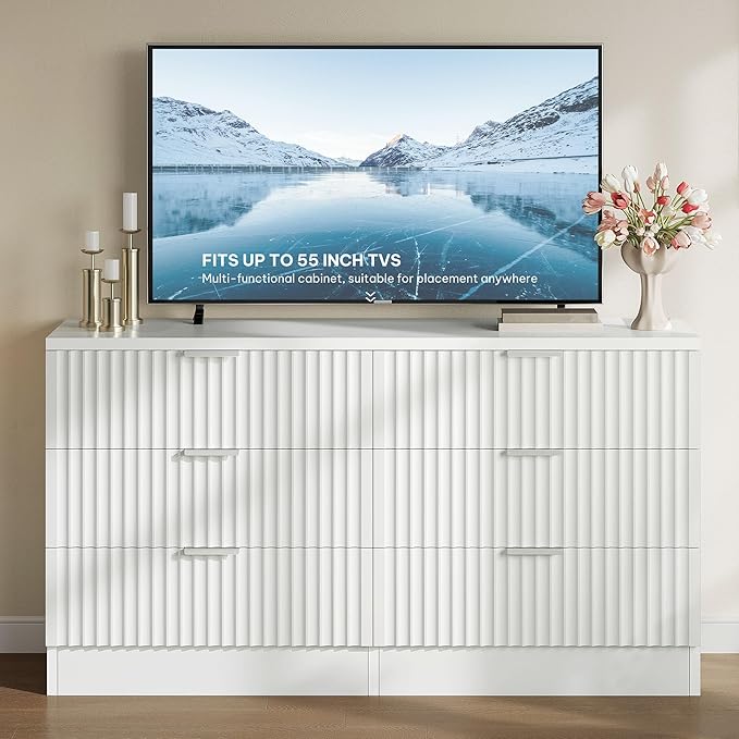 DWVO Fluted 6 Drawer Dressers, 47.5" Wide Modern Chest of Drawers, Wooden Dresser with Metal Handle, Versatile TV Stand Cabinet Table for Bedroom, Closet, Living Room, Hallway, White