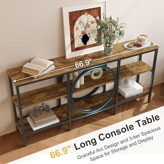 66.9 inch Console Table, 3 Tier Sofa Tables Narrow Long Wood Farmhouse Console Table with Storage Industrial Foyer Tables for Entryway, Hallway, Living Room (Vintage Brown+Black)