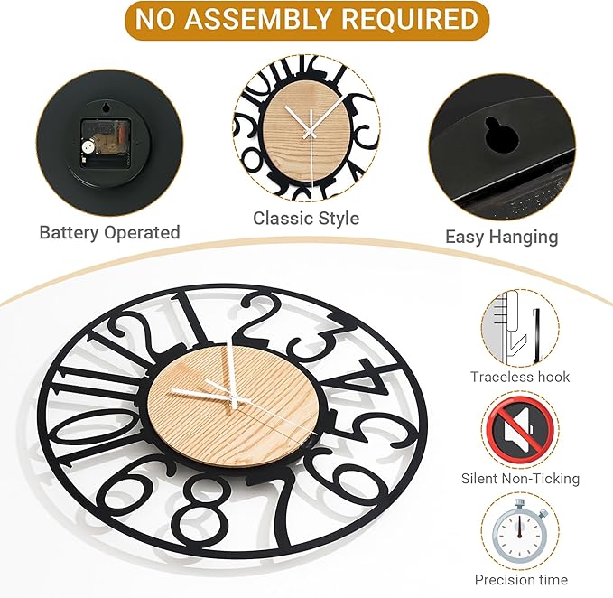 16inch/40cm Wall Clocks Battery Operated,Wall Clocks for Living Room Decor,Large Wall Clock for Classroom,Bathroom,Bedroom,Office (Wooden Arabic Numerals, 16 inches)