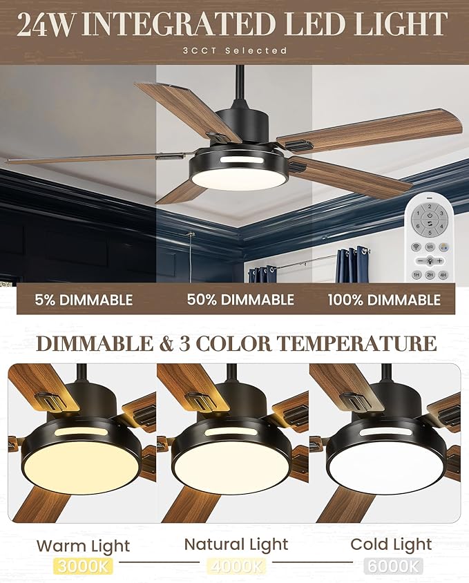 TENGXIN 52 Inch Ceiling Fan With Lights and Remote Control, Farmhouse Fandelier with 5 Reversible Blades,6 Speeds,Ultra Silent,APP Control,TXCF-BK002