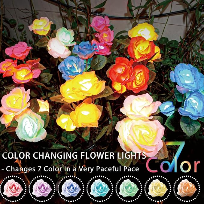 TONULAX Solar Garden Lights - Upgraded Outdoor Light, 7-Color Changing Rose Lights for Yard,Garden Decoration, Enlarged Solar Panel, More Realistic Rose Flower (2 Packs)
