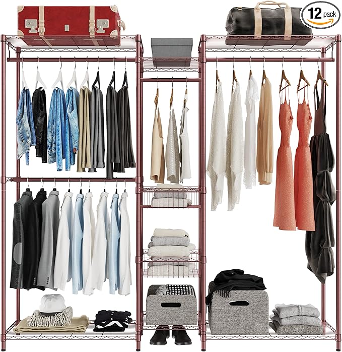 Xiofio 6 Tiers Heavy Duty Clothes Rack, Metal Clothing Rack,Clothing Storage Organizer,Garment Rack with Basket,Hanging Adjustable Garment Rack,65.0" L x 15.7" W x 76.0" H,Max Load 800LBS,Bronze