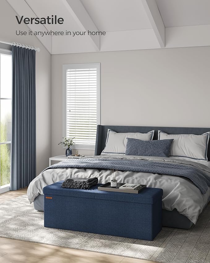 SONGMICS Mazie Collection - 43 Inches Storage Ottoman, Foldable Storage Bench with Flipping Lid, 660 lb Load Capacity, for Entryway, Living Room, Bedroom, Midnight Blue ULSF076Q02