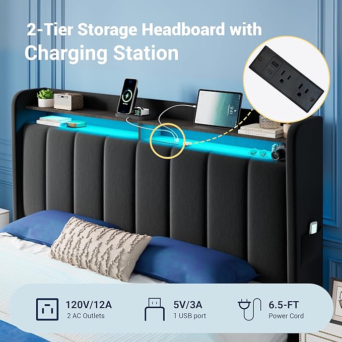 Allewie Velvet Vertical Tufted Queen Upholstered Platform Bed Frame with 2-Tier LED Storage Headboard & 2 Storage Drawers, USB & Type-C Charging Ports, Noise-Free/No Box Spring Needed, Black