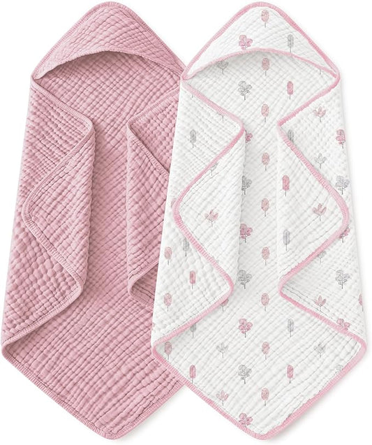 Yoofoss Hooded Baby Towels for Newborn 2 Pack 100% Muslin Organic Cotton Baby Bath Towel with Hood for Babies, Infant, Toddler and Kids,37.5"x37.5", Soft and Absorbent Newborn Essential,Pink&WhiteLeaf