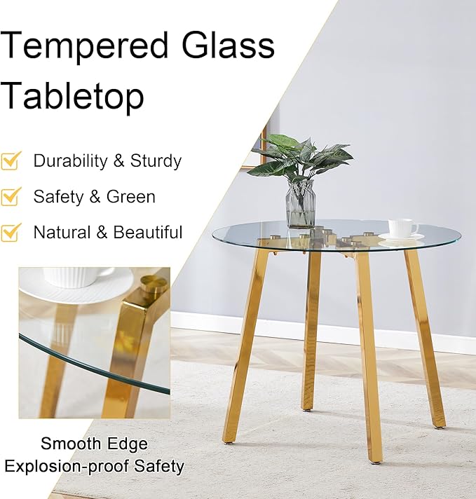 Round Dining Table Set for 4,36" Glass Dining Table Set for 4 with Stainless Steel Leg,Small Kitchen Table with 4 Cushion Chairs,5 Piece Dining Room Table Set Space Saving