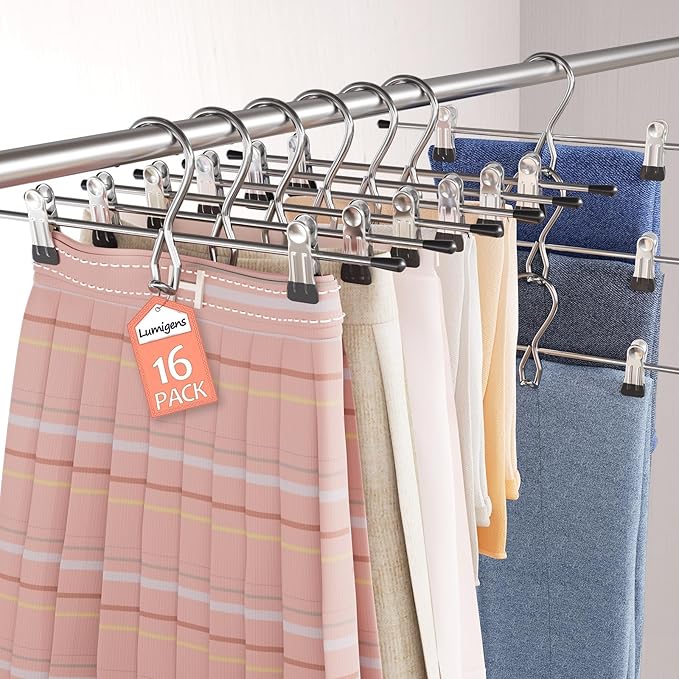 Pants Hangers Space Saving,Stackable Skirt Hangers with Clips, Hanging Closet Organizer and Storage,Clothes Hangers, College Dorm Essentials Apartment Essentials- 16 Pack