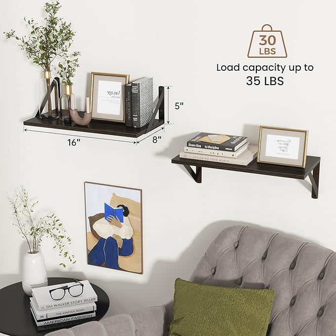 Axeman Floating Shelves for Wall, 16W x 8D Black Floating Shelves Set of 2, 8 Inch Deep Wall Mounted Shelves for Bookshelf Living Room Bedroom Home Office Bathroom