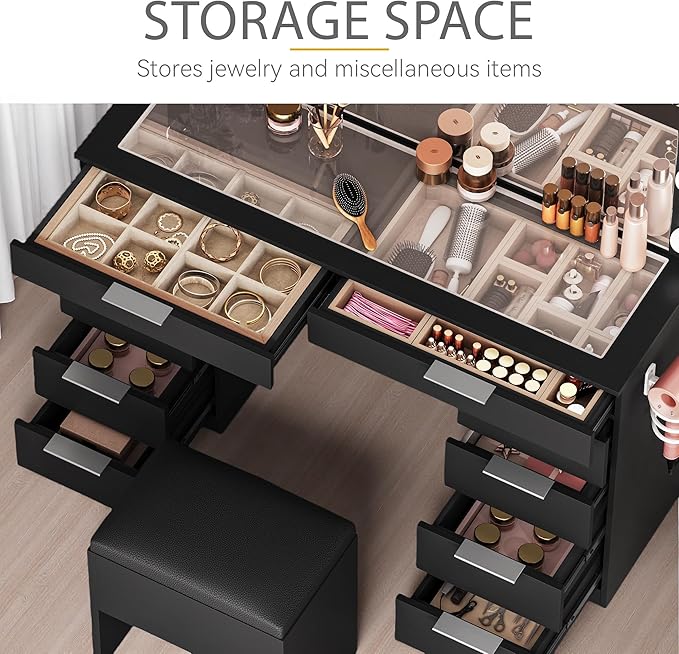 DWVO 46'' Glass Top Vanity Desk with 10 Drawers, Makeup Vanity Set with with Large Mirror and 12 LED Lights, Dressing Table with Charging Station & Storage Chair, 3-Color Light Modes, Black