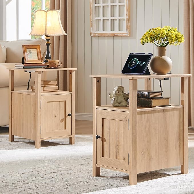Farmhouse Nightstand Set of 2, End Table with Charging Station, Rustic Side Table w/Barn Door & Open Shelves, Bedside Table w/Storage Space and Storage Cabinet for Bedroom, Living Room (Natural)