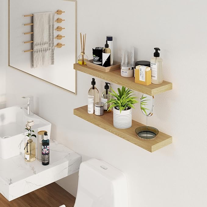 Fun Memories Floating Shelves for Wall, 32Inch Floating Shelves Set of 2, Hanging Shelf with Invisible Brackets, Wood Shelves for Living Room, Bedroom, Kitchen, Oak