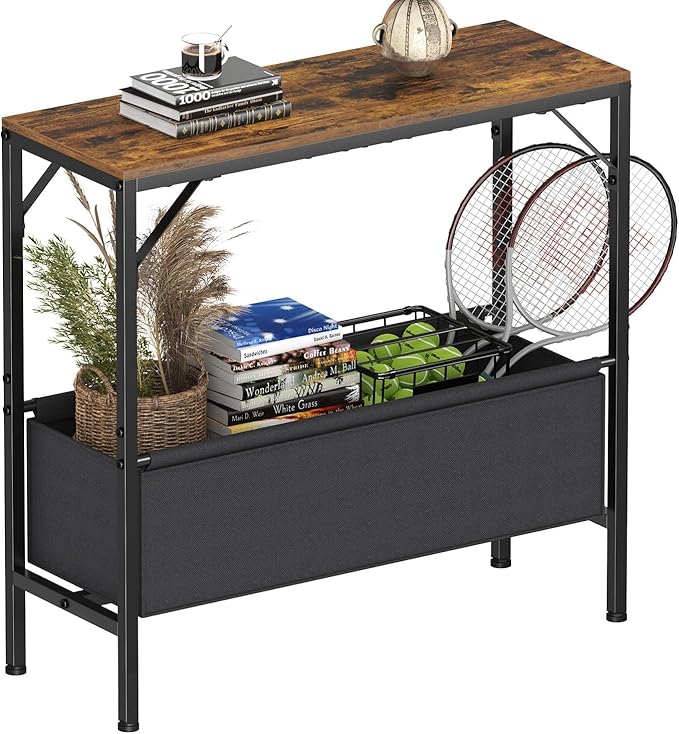 Small Console Table with Storage Basket, 31.5'' Couch Table Behind Sofa, Entryway Table, Narrow Console Table, Sofa Table, Display Table for Hallway, Foyer, Living Room, Rustic Brown