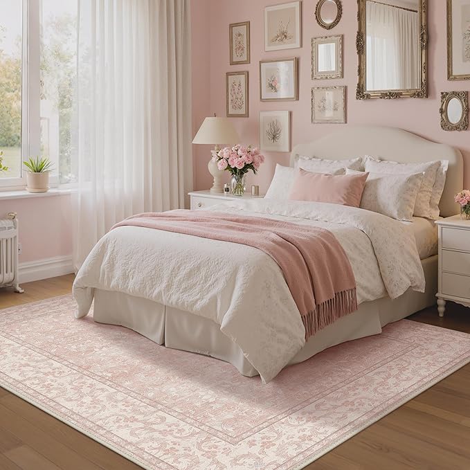 GENIMO 8x10 Washable Area Rug, Non-Slip Vintage Boho Floral Carpet, Soft Low-Pile Thin Living Room Rug for Bedroom, Dining Room, Nursery, Pink White