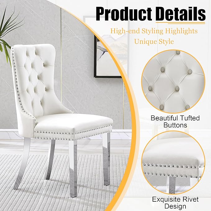 5 Piece Glass Dining Table Set, Morden Kitchen Table Set for 4 with 35" Clear Glass Dining Table and 4 White Velvet Upholstered Chairs for Kitchen, Silver Legs