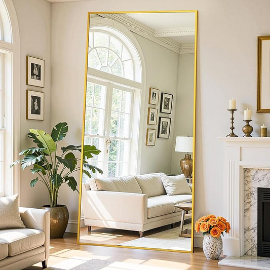 Full Length Mirror, 76"x34" Oversized Floor Mirror Freestanding, Full Body Mirror Floor Standing Mirrors with Stand, Hanging Mounted Mirrors for Bedroom Living Room, Gold, Rect Style